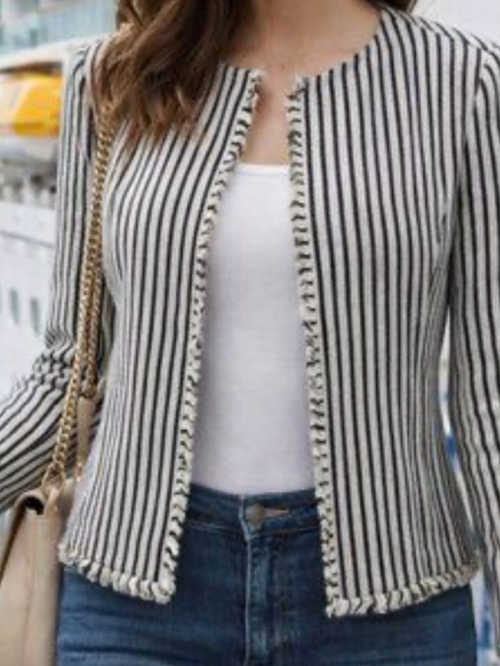 Hugo Boss Black and White Striped Collarless Blazer - Picture 2 of 14